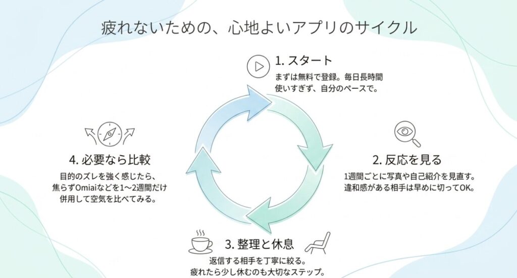 画像タイトル: 疲れないための心地よいアプリ利用サイクル
代替テキスト: 無料登録、反応を見る、整理と休息、必要なら比較という流れで、30代女性が疲れずアプリを使うサイクル