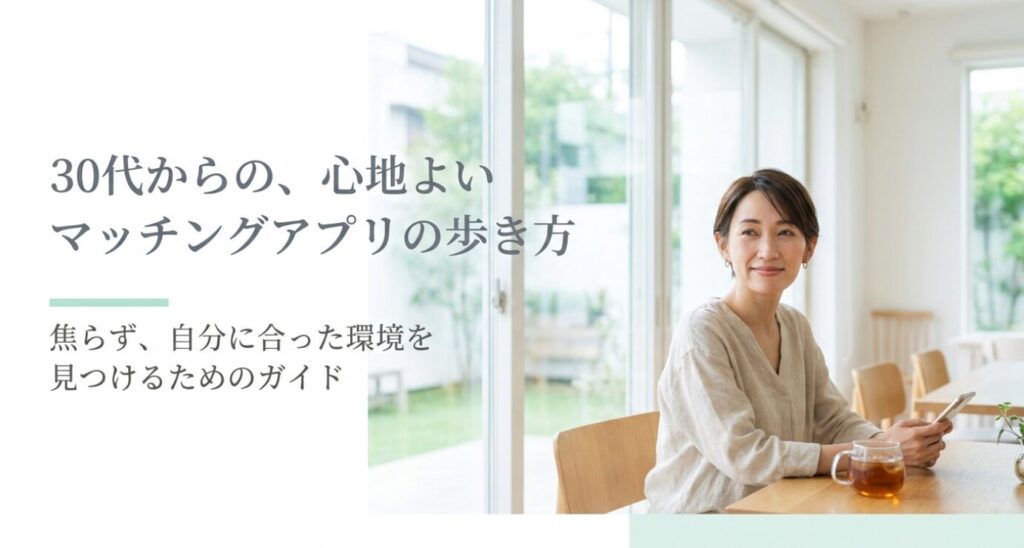 画像タイトル: 30代からの心地よいマッチングアプリの歩き方
代替テキスト: 30代女性が焦らず自分に合った環境でマッチングアプリを始めるためのガイド