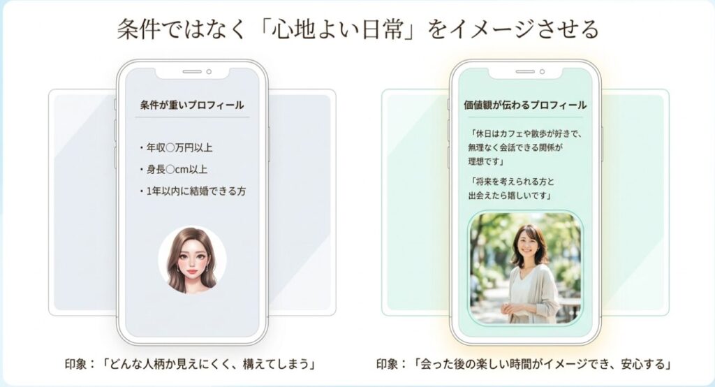 画像タイトル: 条件ではなく心地よい日常を伝えるプロフィール
代替テキスト: 条件を並べたプロフィールより、休日や価値観が伝わるプロフィールの方が安心感を与えやすいことを示す比較図
