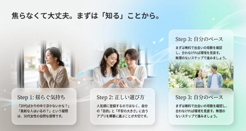 画像タイトル: 30代女性が焦らずアプリを選ぶ3つのステップ
代替テキスト: 30代女性がマッチングアプリを始める前に、揺らぐ気持ち、正しい選び方、自分のペースを確認する3ステップ