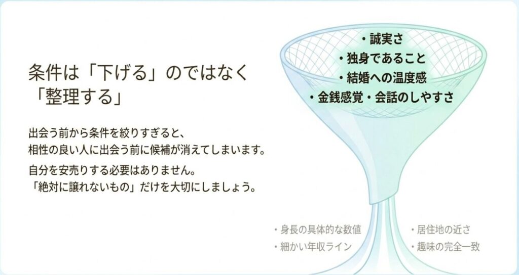 画像タイトル: 条件を下げずに整理する30代後半の婚活
代替テキスト: 30代後半女性が条件を下げるのではなく、誠実さや独身であること、結婚への温度感など譲れない条件を整理する図
