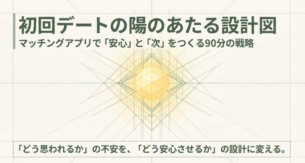 画像タイトル: 初回デートの陽のあたる設計図
代替テキスト: マッチングアプリの初回ランチで安心感と次につながる印象を作るための基本方針を示したスライド
