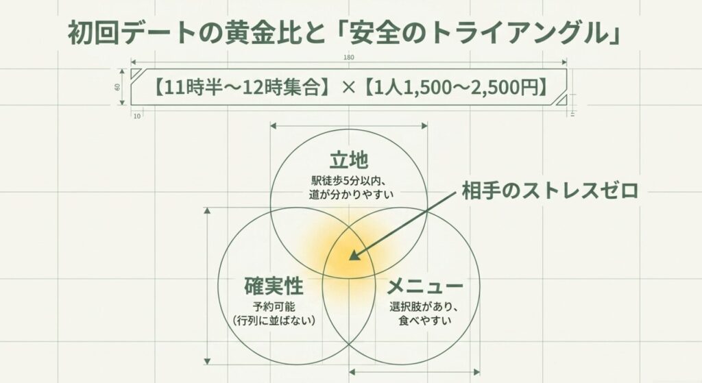 画像タイトル: 初回デートの黄金比と安全のトライアングル
代替テキスト: 初回ランチでは11時半から12時集合、1人1500円から2500円、立地・確実性・メニューの3条件が重要であることを示したスライド