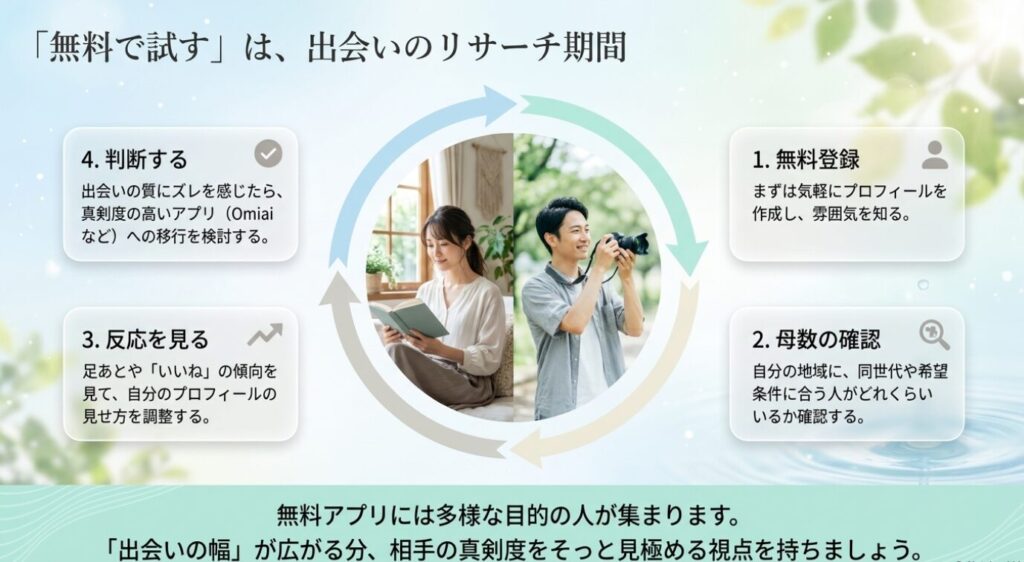 画像タイトル: 無料アプリで出会いの母数を確認する流れ
代替テキスト: 無料登録、母数確認、反応を見る、判断するという流れで30代女性がアプリを試す手順