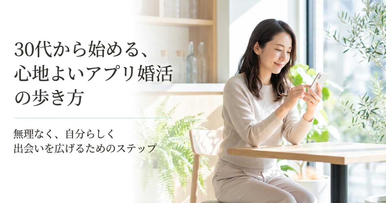 明るいカフェのような室内で、30代女性がスマホを見ながらマッチングアプリ婚活を始めているアイキャッチ画像。「30代から始める、心地よいアプリ婚活の歩き方」「無理なく、自分らしく出会いを広げるためのステップ」という文字が入り、焦らず自分のペースで出会いを探す雰囲気を表している。