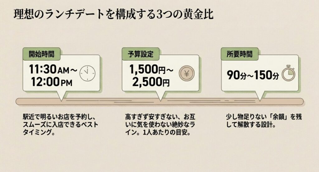 画像タイトル: 理想のランチデートを構成する3つの黄金比
代替テキスト: 初回ランチデートは11時半から12時開始、予算1500円から2500円、所要時間90分から150分を目安にするとよいことを示したスライド