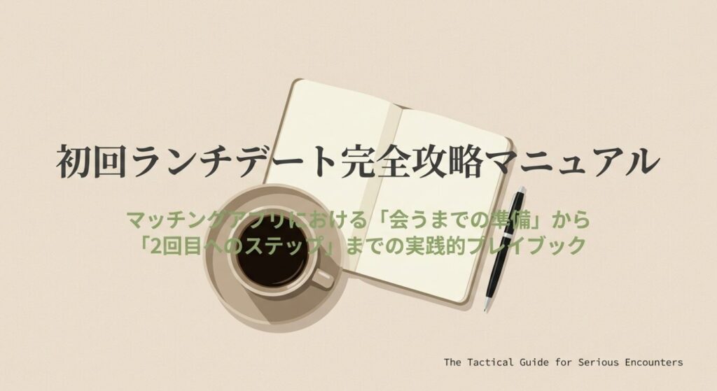 画像タイトル: 初回ランチデート完全攻略マニュアル
代替テキスト: マッチングアプリの初回ランチで会う前の準備から2回目につなげる流れまでを解説する実践的なマニュアルの表紙スライド