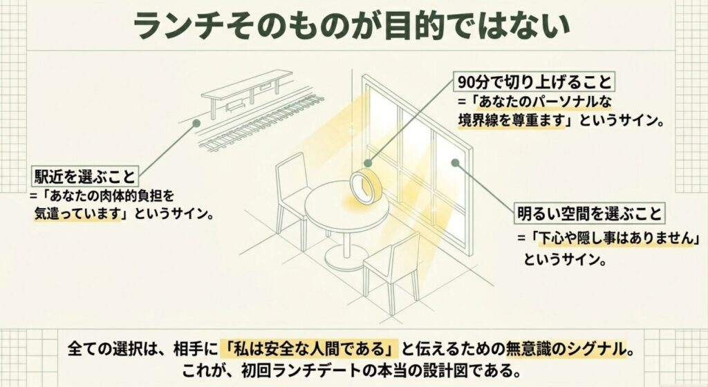 画像タイトル: ランチそのものが目的ではない
代替テキスト: 初回ランチでは駅近、90分での切り上げ、明るい空間選びが相手に安全な人だと伝えるサインになることをまとめたスライド