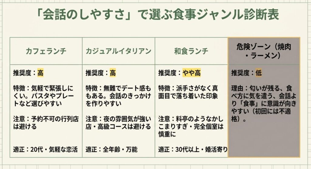 画像タイトル: 会話のしやすさで選ぶランチジャンル診断表
代替テキスト: カフェランチ、カジュアルイタリアン、和食ランチ、焼肉やラーメンを会話のしやすさや初回向きかどうかで比較したスライド