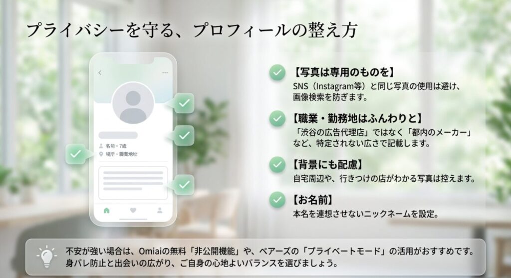 画像タイトル: 身バレを防ぐプロフィールの整え方
代替テキスト: SNSと同じ写真を避け、職業や勤務地をぼかし、背景やニックネームにも配慮する身バレ対策