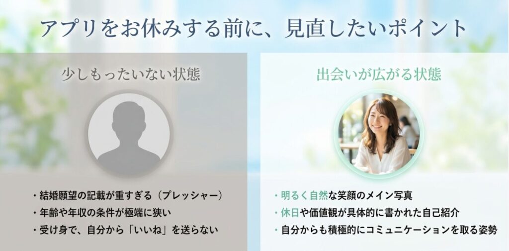 画像タイトル: アプリを休む前に見直したいプロフィール改善ポイント
代替テキスト: 結婚願望の書き方、条件の絞りすぎ、受け身姿勢を見直し、明るい写真や自己紹介に改善する比較図