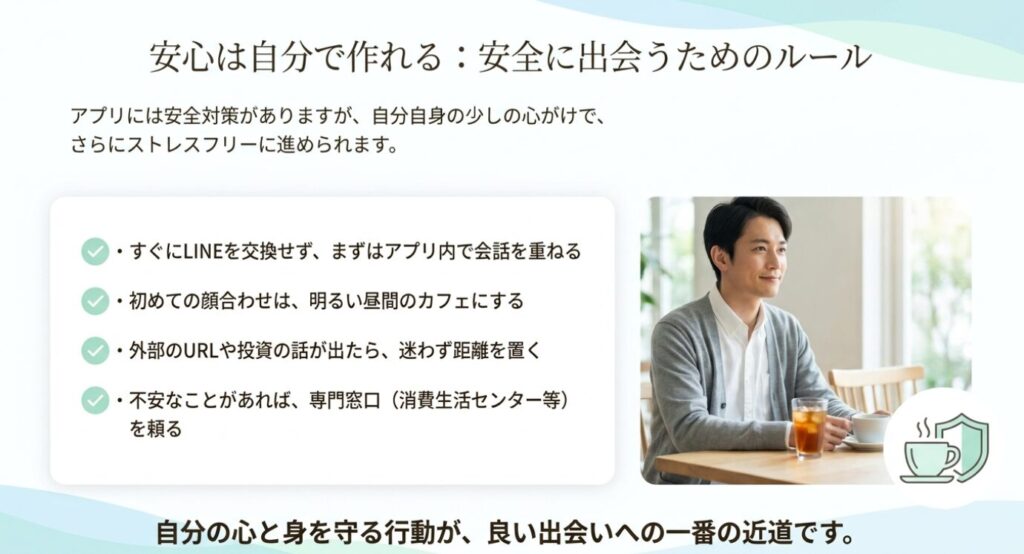 画像タイトル: 安全に出会うために自分で守れるルール
代替テキスト: すぐにLINE交換しない、初対面は明るいカフェにする、外部URLや投資話は避けるなど安全に出会うための行動ルール