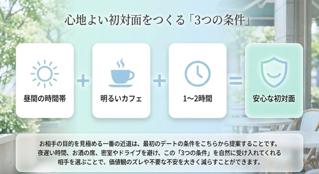 画像タイトル: 安全な初回デートを作る3つの条件
代替テキスト: 昼間の時間帯、明るいカフェ、1〜2時間という3条件で安心できる初回デートを作る図