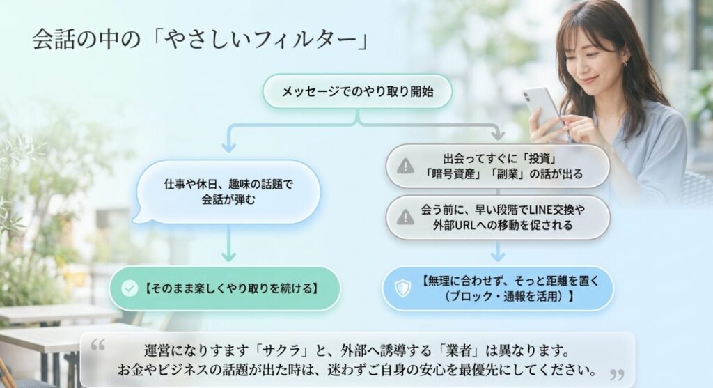画像タイトル: 業者や詐欺を見分ける会話のフィルター
代替テキスト: メッセージで投資、暗号資産、副業、早いLINE交換が出たら距離を置く判断フロー