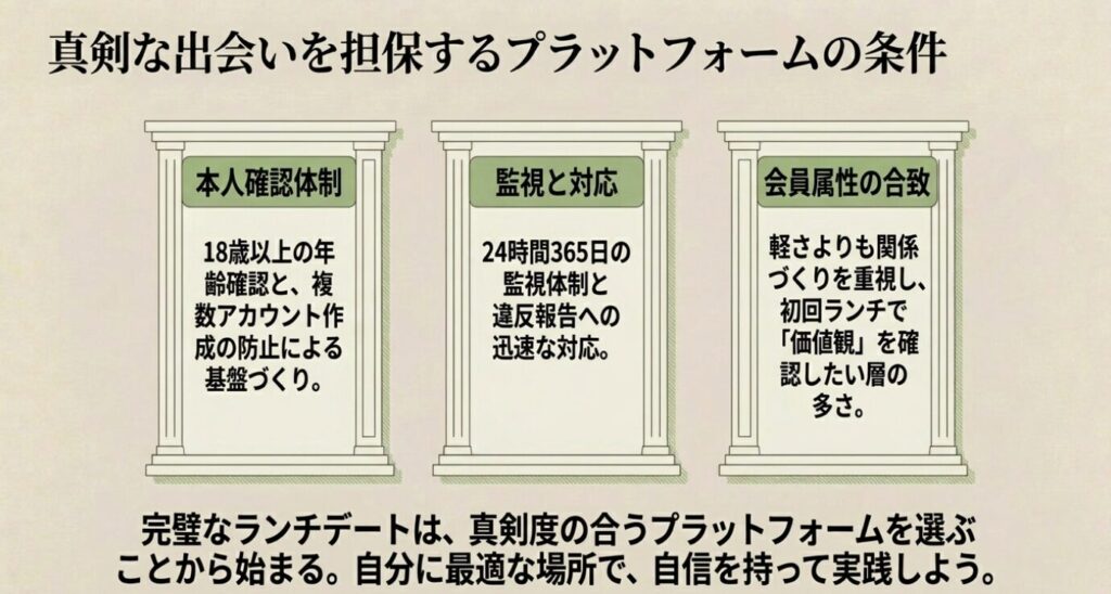 画像タイトル: 真剣な出会いを支えるプラットフォームの条件
代替テキスト: 本人確認体制、24時間365日の監視と対応、会員属性の合致が、真剣な出会いを探すマッチングアプリ選びで重要であることを示したスライド