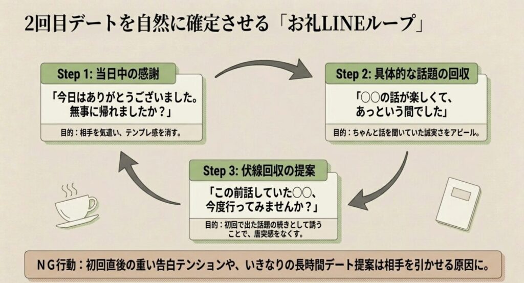 画像タイトル: 2回目デートにつなげるお礼LINEループ
代替テキスト: 初回ランチ後のお礼LINEでは当日の感謝、具体的な話題の回収、伏線を使った次回提案の3ステップが大切であることを示したスライド