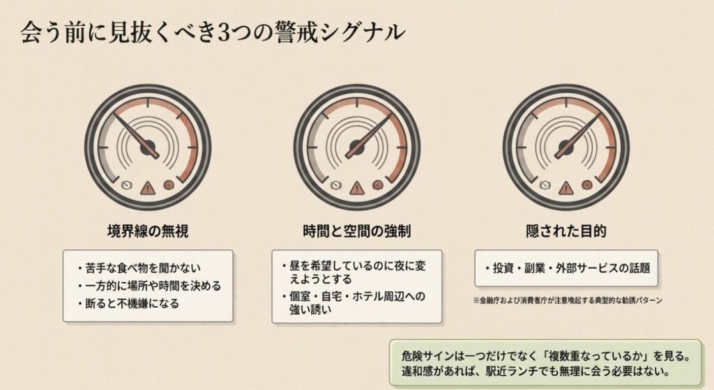 画像タイトル: 会う前に見抜くべき3つの警戒シグナル
代替テキスト: 境界線の無視、時間と空間の強制、投資や副業などの隠された目的を、会う前に確認したい警戒サインとして示したスライド