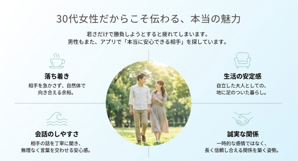 画像タイトル: 30代女性だからこそ伝わる本当の魅力
代替テキスト: 30代女性の落ち着き、生活の安定感、会話のしやすさ、誠実な関係性が魅力として伝わることを示す図