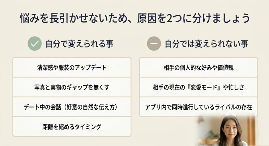 画像タイトル: 友達止まりの原因を変えられることと変えられないことに分ける
代替テキスト: 清潔感や写真、会話など自分で変えられる原因と、相手の好みや恋愛温度など変えられない原因を比較したスライド