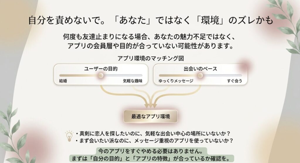 画像タイトル: 友達止まりは自分ではなく環境のズレかもしれない
代替テキスト: 何度も友達止まりになる場合に、アプリの会員層や出会いのペースなど環境のズレを見直す重要性を示したスライド
