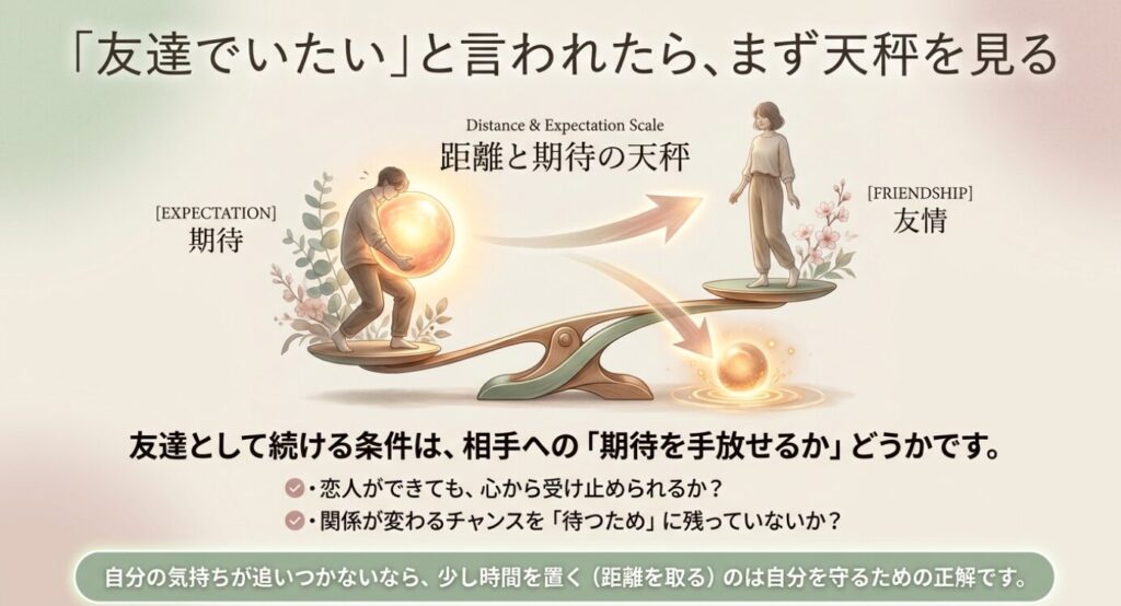 画像タイトル: 友達でいたいと言われたら期待と距離の天秤を見る
代替テキスト: 友達でいたいと言われた時に、相手への期待を手放せるかどうかを距離と期待の天秤で整理したスライド