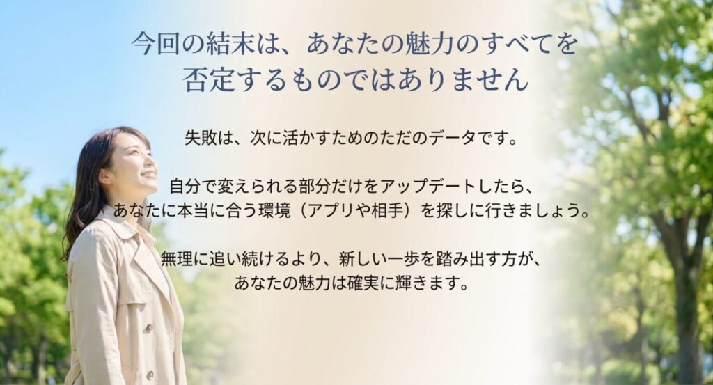 画像タイトル: 友達止まりの経験は自分の魅力を否定するものではない
代替テキスト: 友達としてしか見れないと言われた経験は自分の魅力を否定するものではなく、次に活かすためのデータだと伝えるまとめスライド