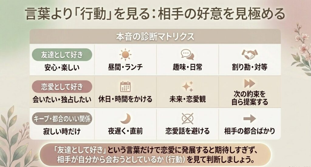 画像タイトル: 友達として好きか恋愛として好きかは行動で見極める
代替テキスト: 友達として好き、恋愛として好き、キープに近い関係を、昼間の約束や次の提案などの行動で見極めるスライド