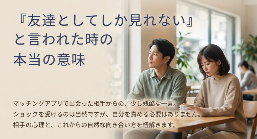 画像タイトル: 友達としてしか見れないと言われた時の本当の意味
代替テキスト: マッチングアプリで友達としてしか見れないと言われた時の心理と向き合い方を示した導入スライド