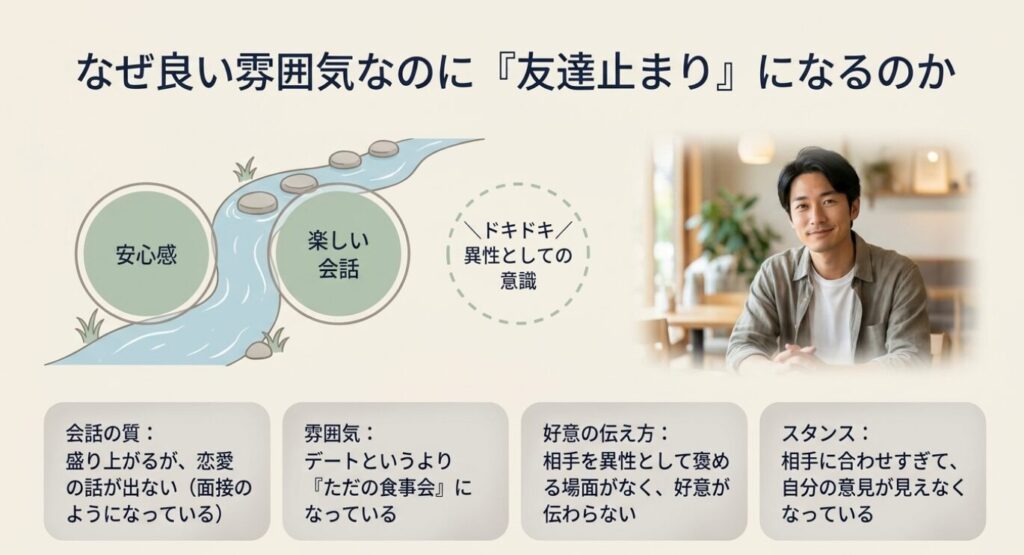 画像タイトル: 良い雰囲気でも友達止まりになる理由
代替テキスト: 安心感や楽しい会話はあっても、ドキドキや異性としての意識が足りないと友達止まりになりやすいことを示したスライド