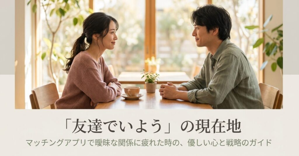 画像タイトル: 友達でいようと言われた時の現在地
代替テキスト: マッチングアプリで曖昧な関係に疲れた時に、友達でいようと言われた現在地を整理するスライド