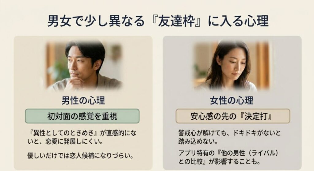 画像タイトル: 男女で少し異なる友達枠に入る心理
代替テキスト: 男性は初対面の感覚を重視し、女性は安心感の先の決め手を見やすいなど、友達枠に入る心理の違いを整理したスライド