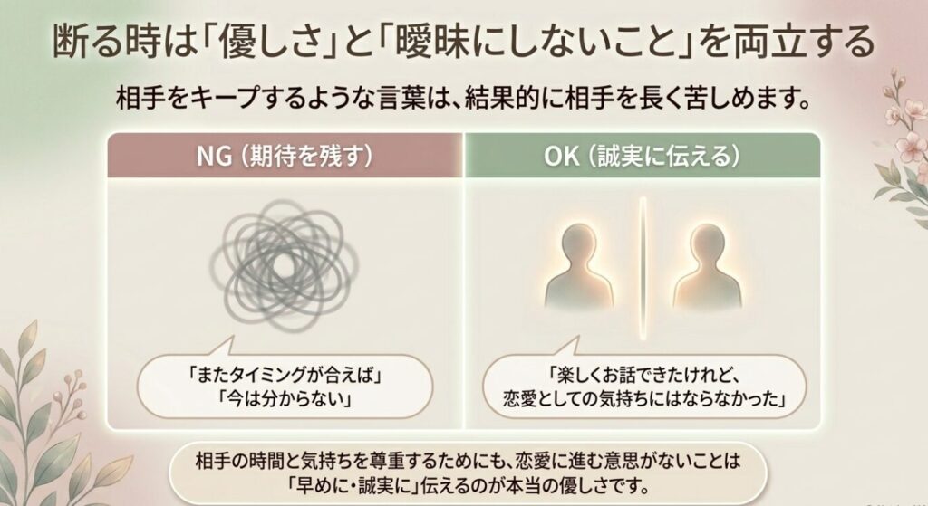 画像タイトル: 断る時は優しさと曖昧にしないことを両立する
代替テキスト: 恋愛対象として見れない時に、期待を残す言葉を避けて誠実に伝える断り方を示したスライド