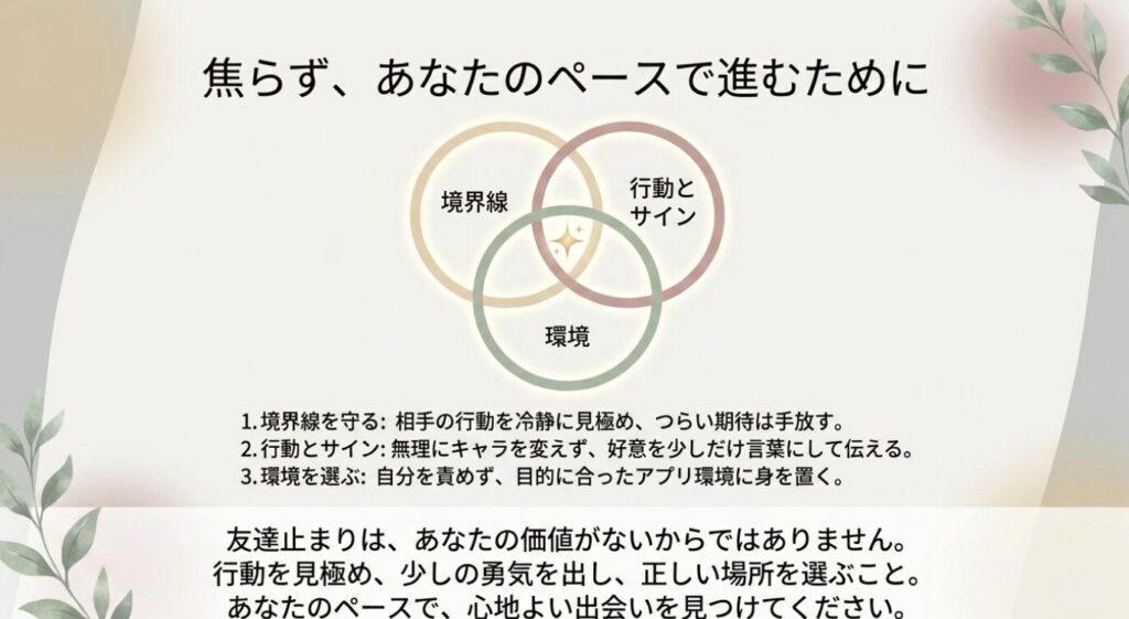 画像タイトル: 友達止まりから自分のペースで進むためのまとめ
代替テキスト: 友達止まりは自分の価値がないからではなく、境界線、相手の行動、アプリ環境を見直すことが大切だとまとめたスライド
