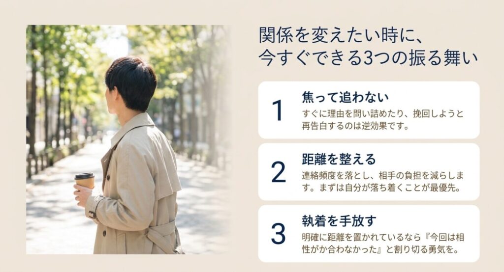 画像タイトル: 関係を変えたい時に今すぐできる3つの振る舞い
代替テキスト: 焦って追わない、距離を整える、執着を手放すという関係を変えたい時の3つの行動を示したスライド