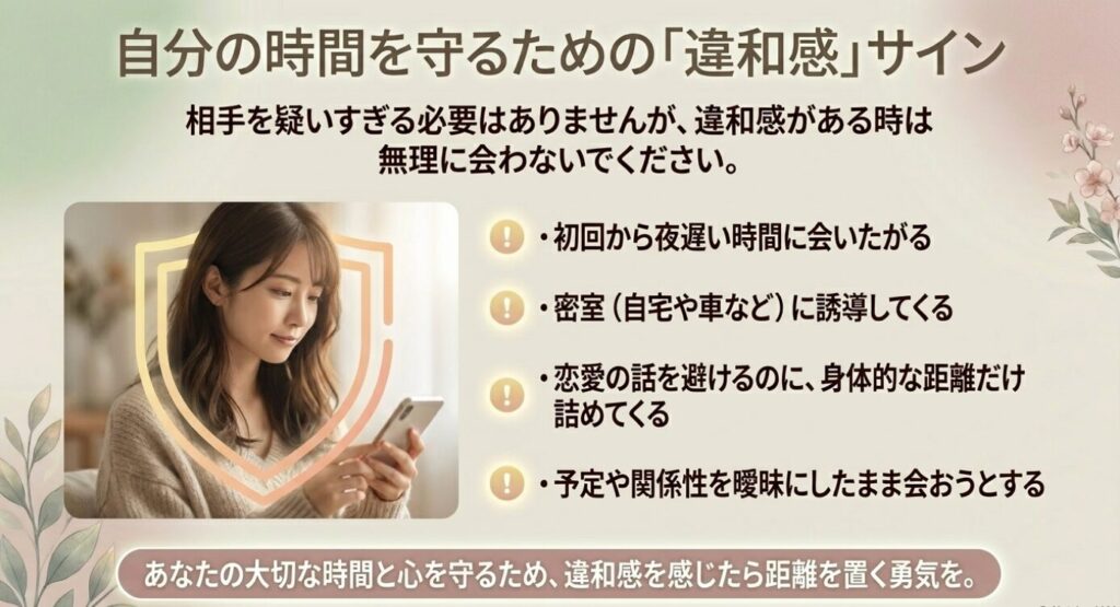 画像タイトル: 自分の時間を守るための違和感サイン
代替テキスト: 初回から夜遅く会いたがる、密室に誘う、恋愛の話を避けるなど、マッチングアプリで注意したい違和感サインを示したスライド