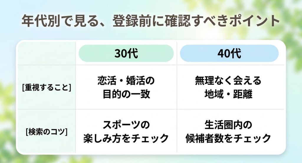 30代は恋活・婚活の目的、40代は地域や距離を重視するなど年代別の確認ポイントを比較した表