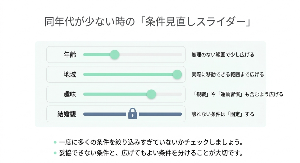 同年代の相手が少ない場合に年齢、地域、趣味を広げ、結婚観など譲れない条件は維持する方法