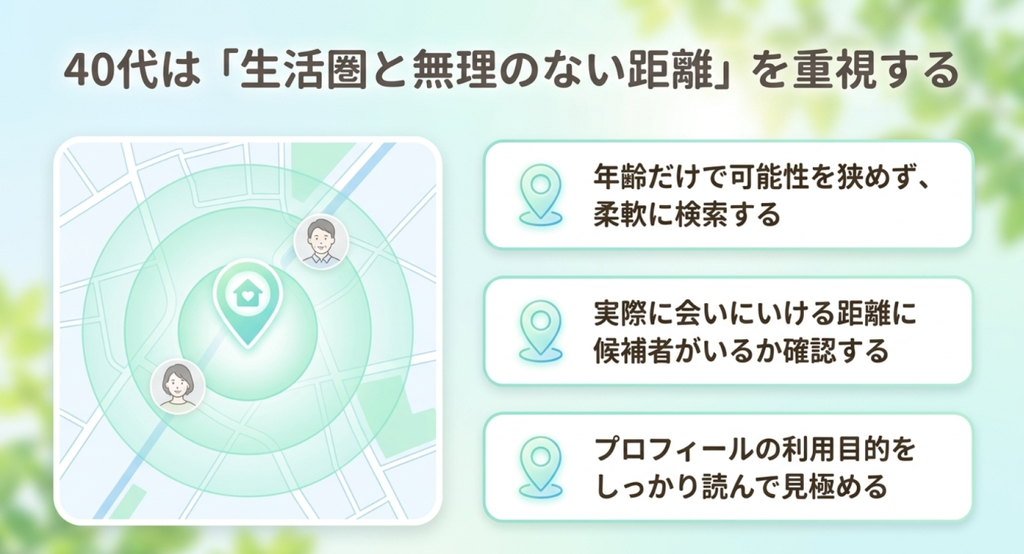 40代が年齢だけで絞らず生活圏や実際に会える距離、相手の利用目的を確認するポイント