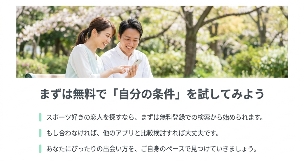 スポーツ好きの恋人を探す前に無料登録で自分の希望条件に合う相手を検索して確認する案内