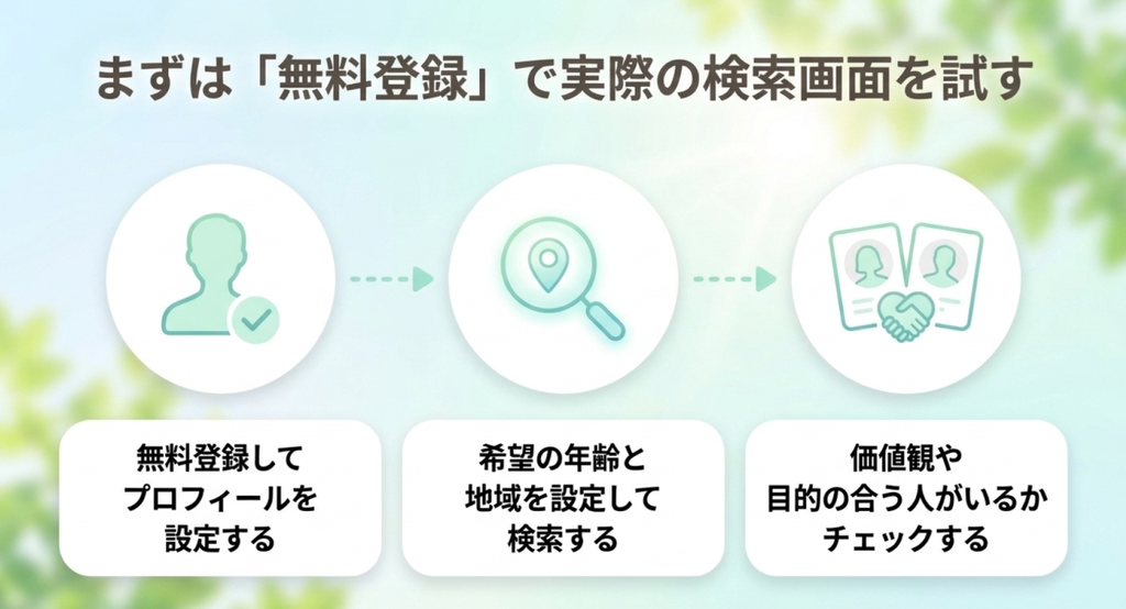 無料登録後にプロフィールを設定し希望する年齢や地域で検索して価値観の合う相手を確認する流れ