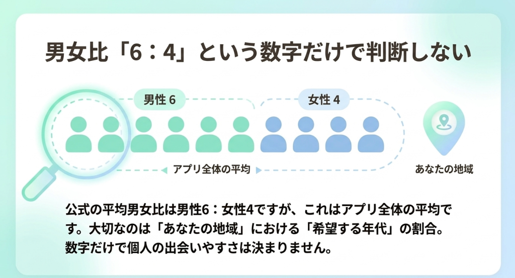 平均男女比は男性6女性4でも地域や希望年代によって状況が異なることを示した図