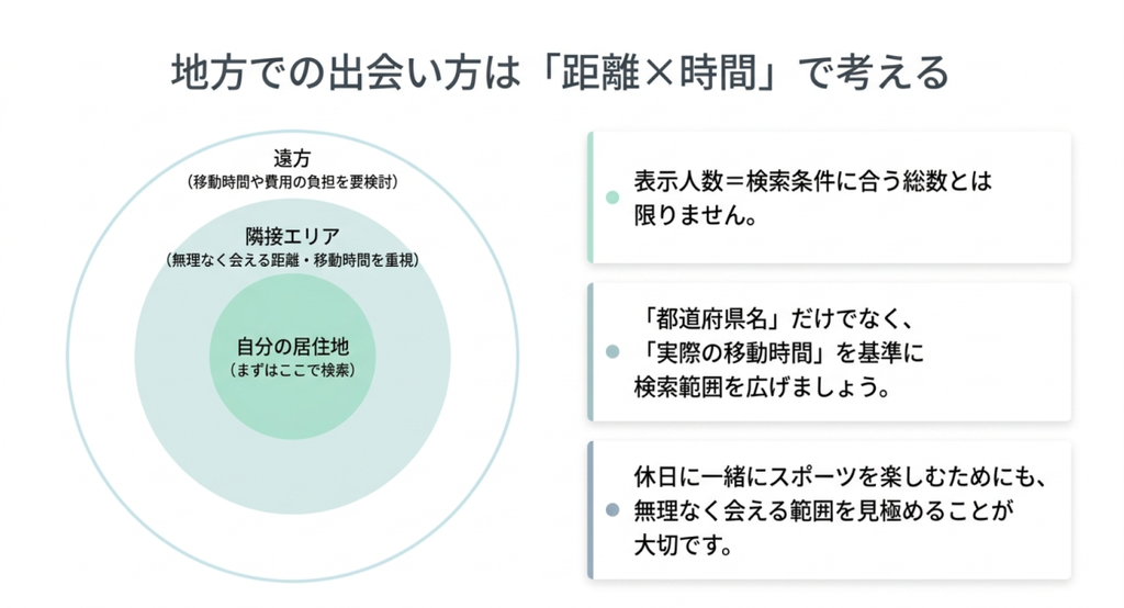 居住地から隣接エリア、遠方へと検索範囲を広げ、実際の移動時間を基準に相手を探す方法