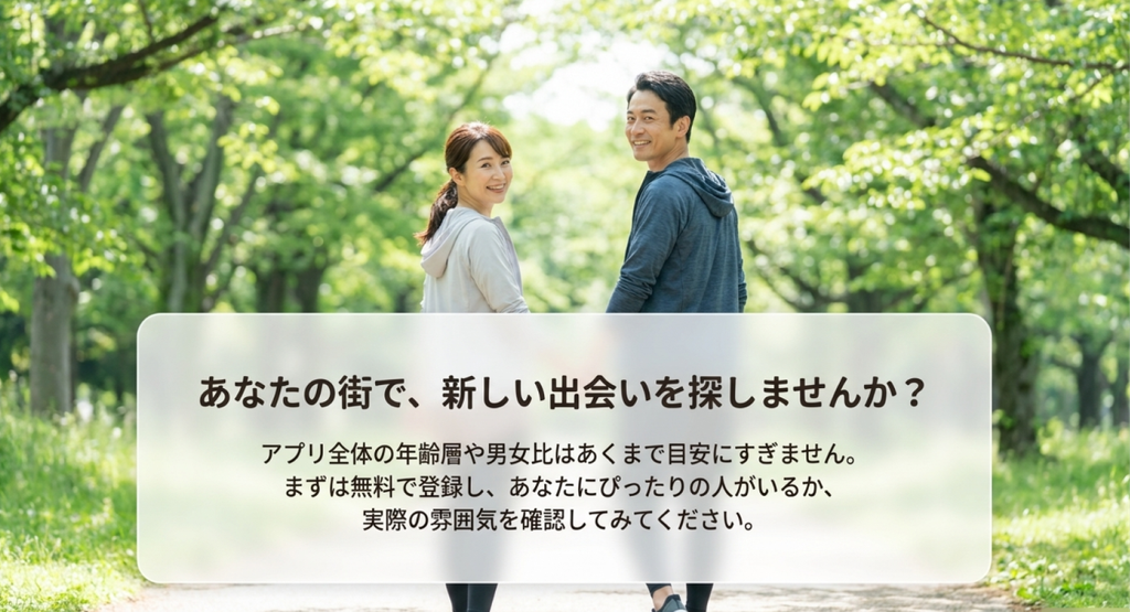 年齢層や男女比だけで判断せず無料登録して自分の地域に希望条件の相手がいるか確認する案内