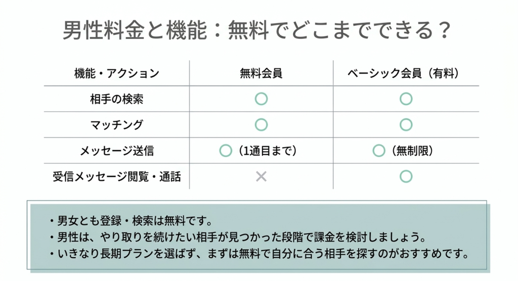 男性の無料会員とベーシック会員で検索、マッチング、メッセージ、通話機能の違いを比較した表