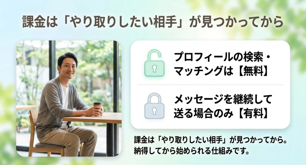 プロフィール検索とマッチングは無料で継続的なメッセージ利用は有料となる男性向け料金の考え方