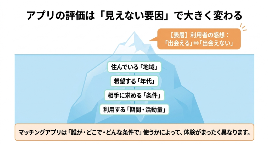 利用者の「出会える・出会えない」という感想の背景に、住んでいる地域、希望する年代、相手に求める条件、利用期間や活動量があることを氷山で表した図