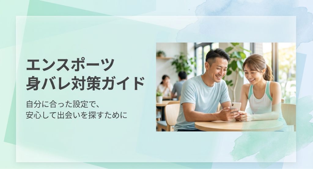 「エンスポーツ 身バレ対策ガイド 自分に合った設定で、安心して出会いを探すために」と書かれ、スマートフォンを見る男女が描かれたガイド表紙