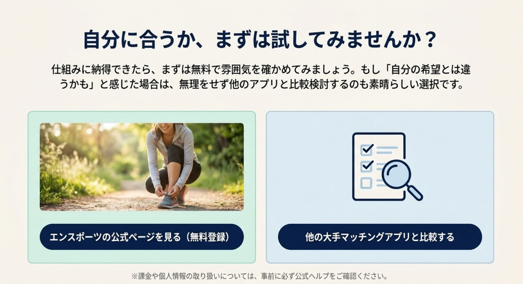エンスポーツを無料で試して雰囲気を確認する方法と、希望に合わない場合は他の大手マッチングアプリと比較する選択肢を示したまとめ画像