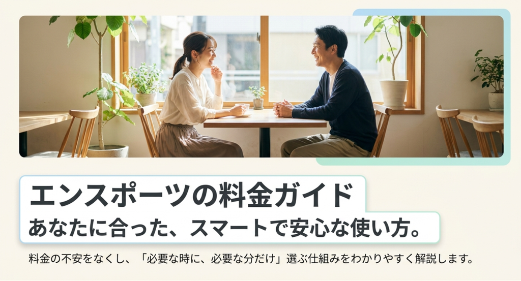 明るいカフェで向かい合って会話する男女の写真と「エンスポーツの料金ガイド」「あなたに合った、スマートで安心な使い方。」の見出しを配置した表紙画像。必要なときに必要な分だけ料金を支払う考え方を紹介している。