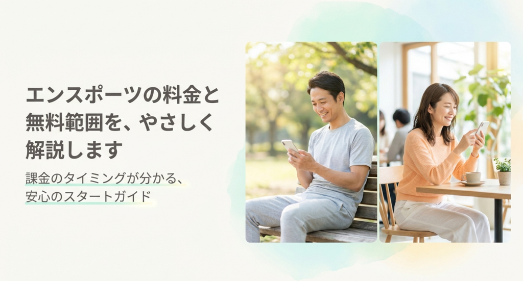 自然光が差し込む観葉植物のあるカフェで、テーブルを挟んで笑顔で会話する男女の写真。下部には「エンスポーツの料金ガイド」「あなたに合った、スマートで安心な使い方。」という見出しと、「料金の不安をなくし、『必要な時に、必要な分だけ』選ぶ仕組みをわかりやすく解説します。」という説明文が配置されている。